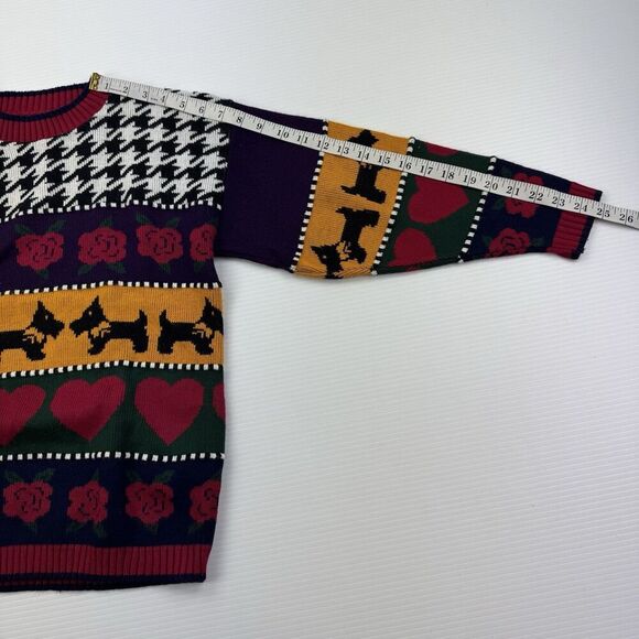 Vintage Knitwaves Sweater Scottie Dog Hearts Roses Houndstooth Size Medium USA - Picture 8 of 8